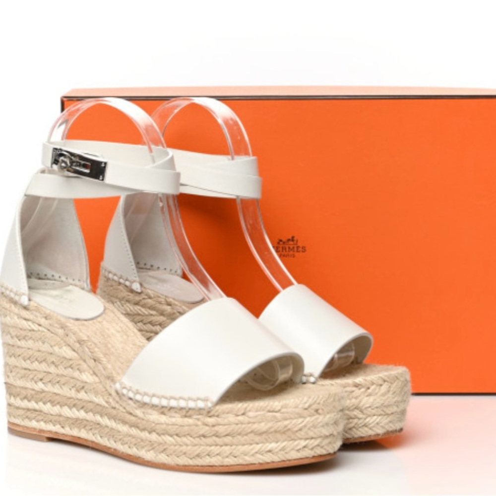 HERMES LIKE BRAND NEW-CALFSKIN TIPOLI ESPADRILLE WEDGE SANDALS